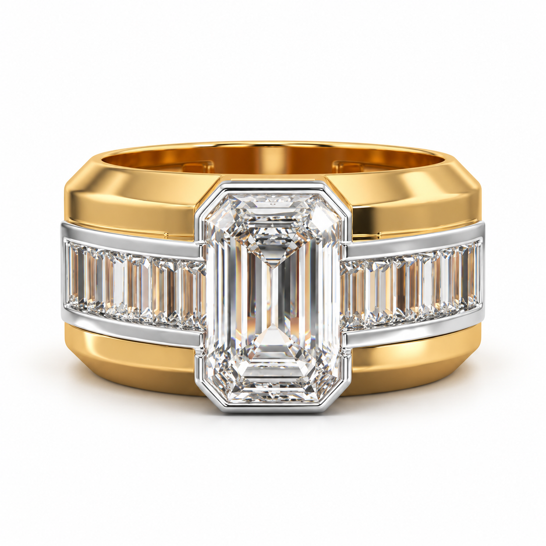 Emerald Cut Center Stone & Baguette Two-Tone Wide Band Ring