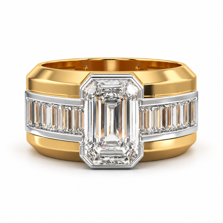 Emerald Cut Center Stone & Baguette Two-Tone Wide Band Ring