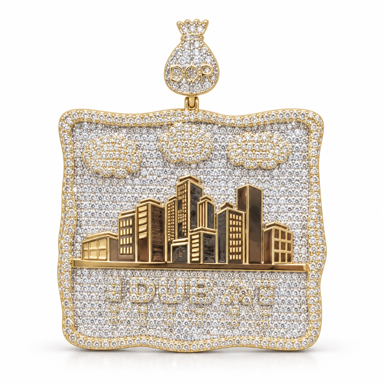 Dubai Skyline Yellow Gold-Tone Pavé Pendant with Cloud Details and Money Bag Bail