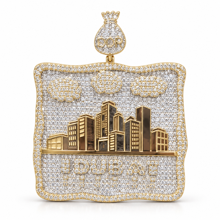 Dubai Skyline Yellow Gold-Tone Pavé Pendant with Cloud Details and Money Bag Bail