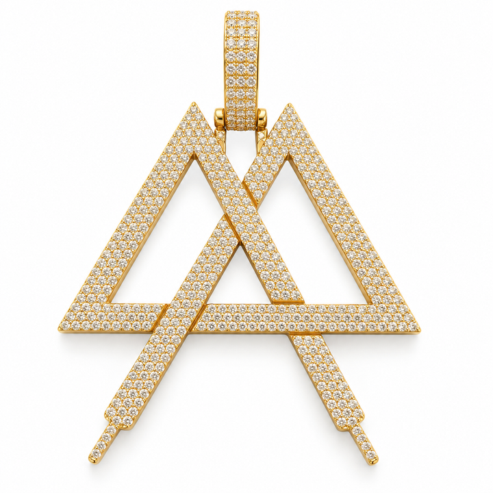 Iced Out Interlocking Double Triangle Pendant – Custom Gold Tone Hip Hop Jewelry