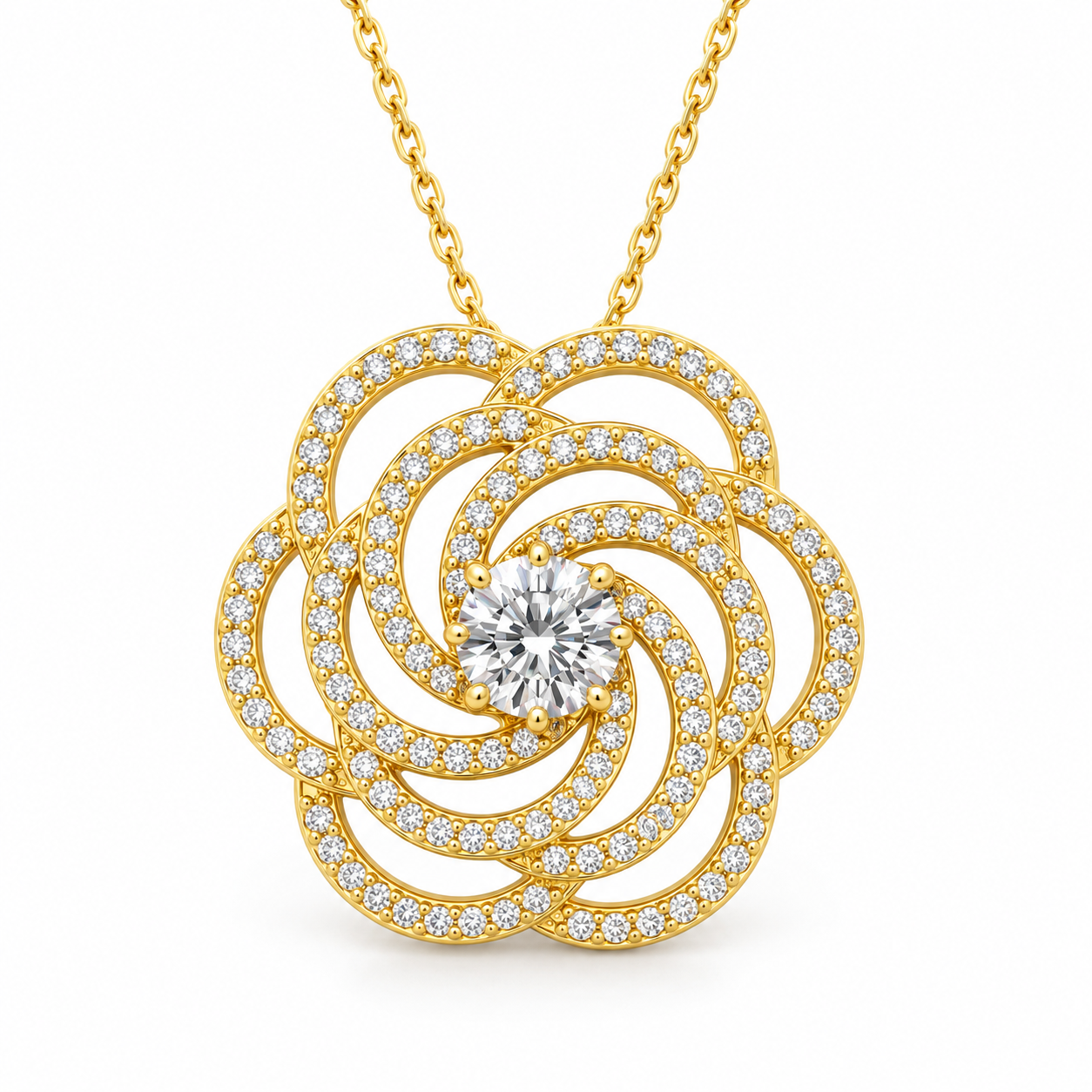 Round Cut Pavé Swirl Flower Yellow Gold Pendant Necklace