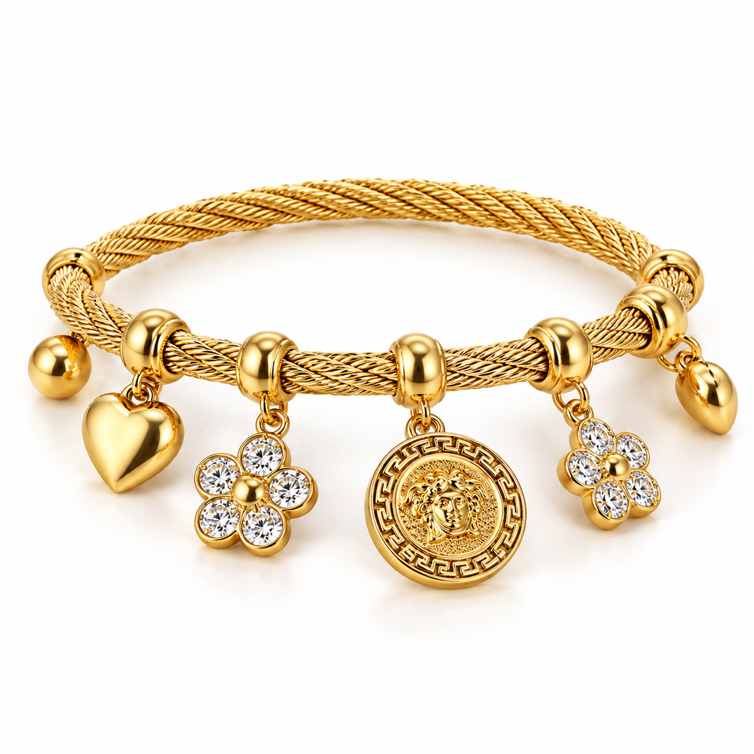 Yellow Gold-Tone Heart, Flower & Medallion Charm Bracelet