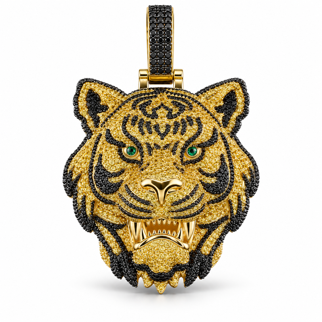 Roaring Tiger Head Yellow Gold-Tone Pavé Pendant with Black Stripes and Green Eyes
