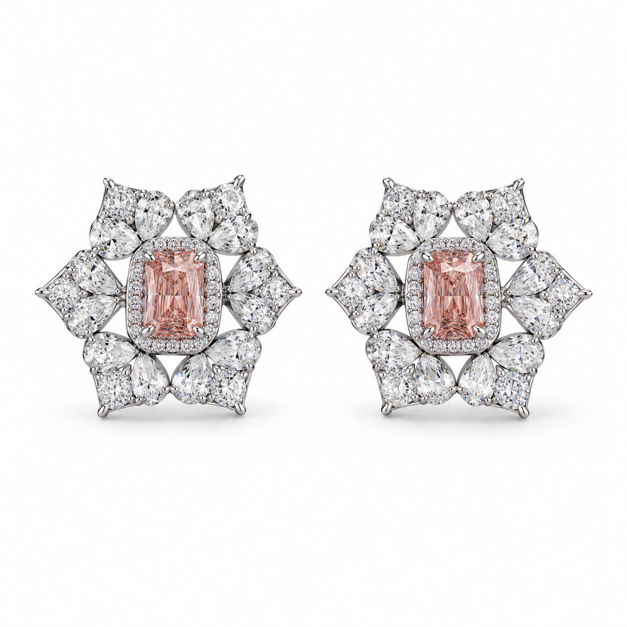 Pink Rectangular Halo Floral Cluster White-Tone Stud Earrings
