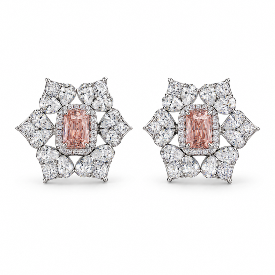 Pink Rectangular Halo Floral Cluster White-Tone Stud Earrings