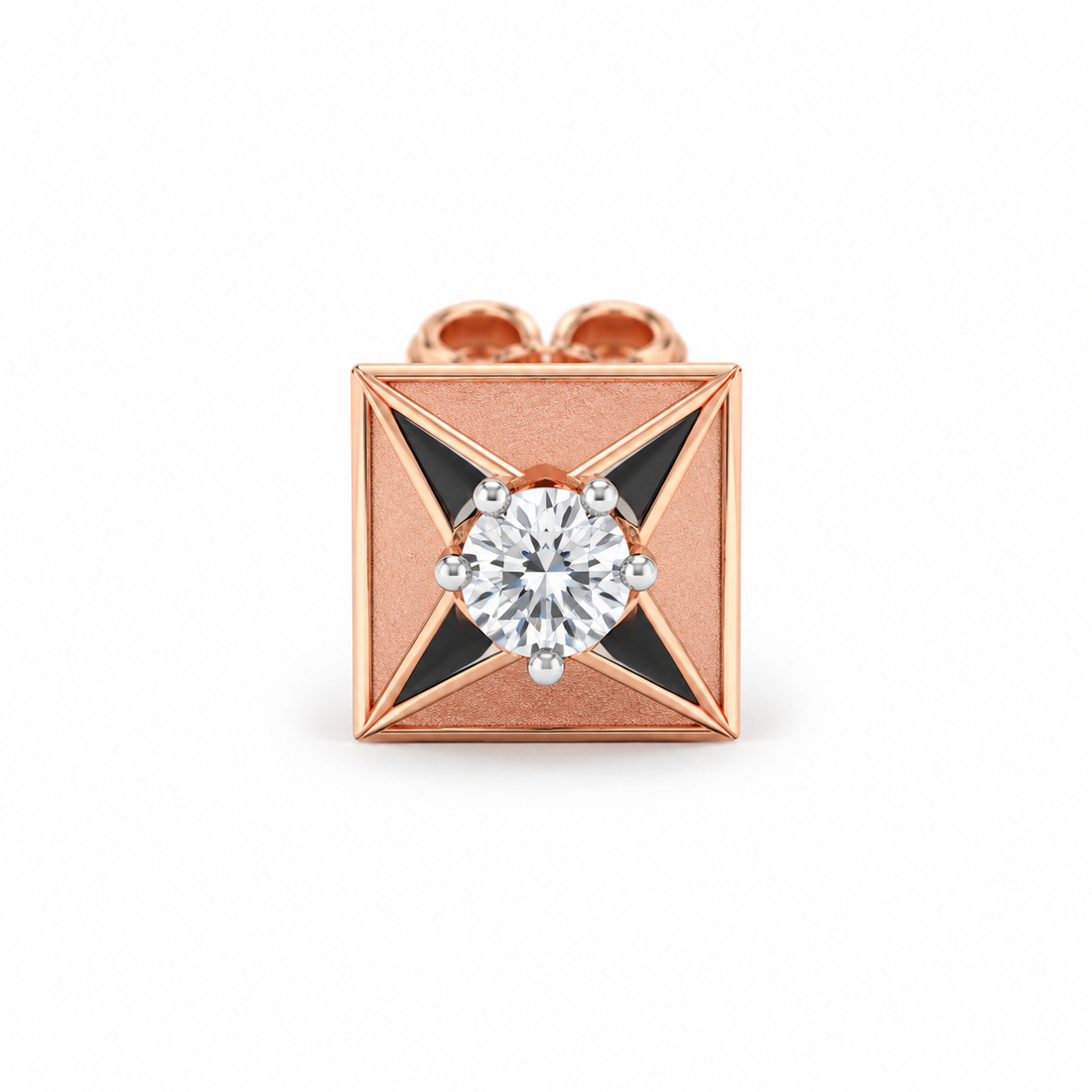 Men’s Square Rose Gold-Tone Stud Earring with Black Accents and Round Center Stone