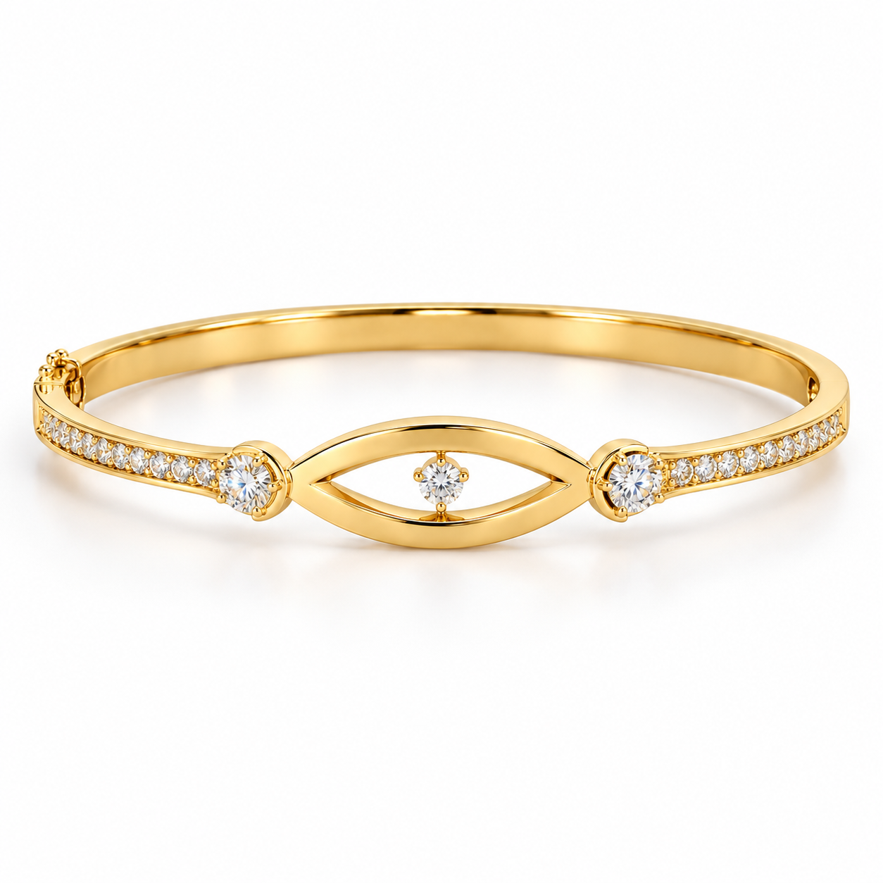 Yellow Gold-Tone Open Eye Motif Clear Stone Bangle Bracelet