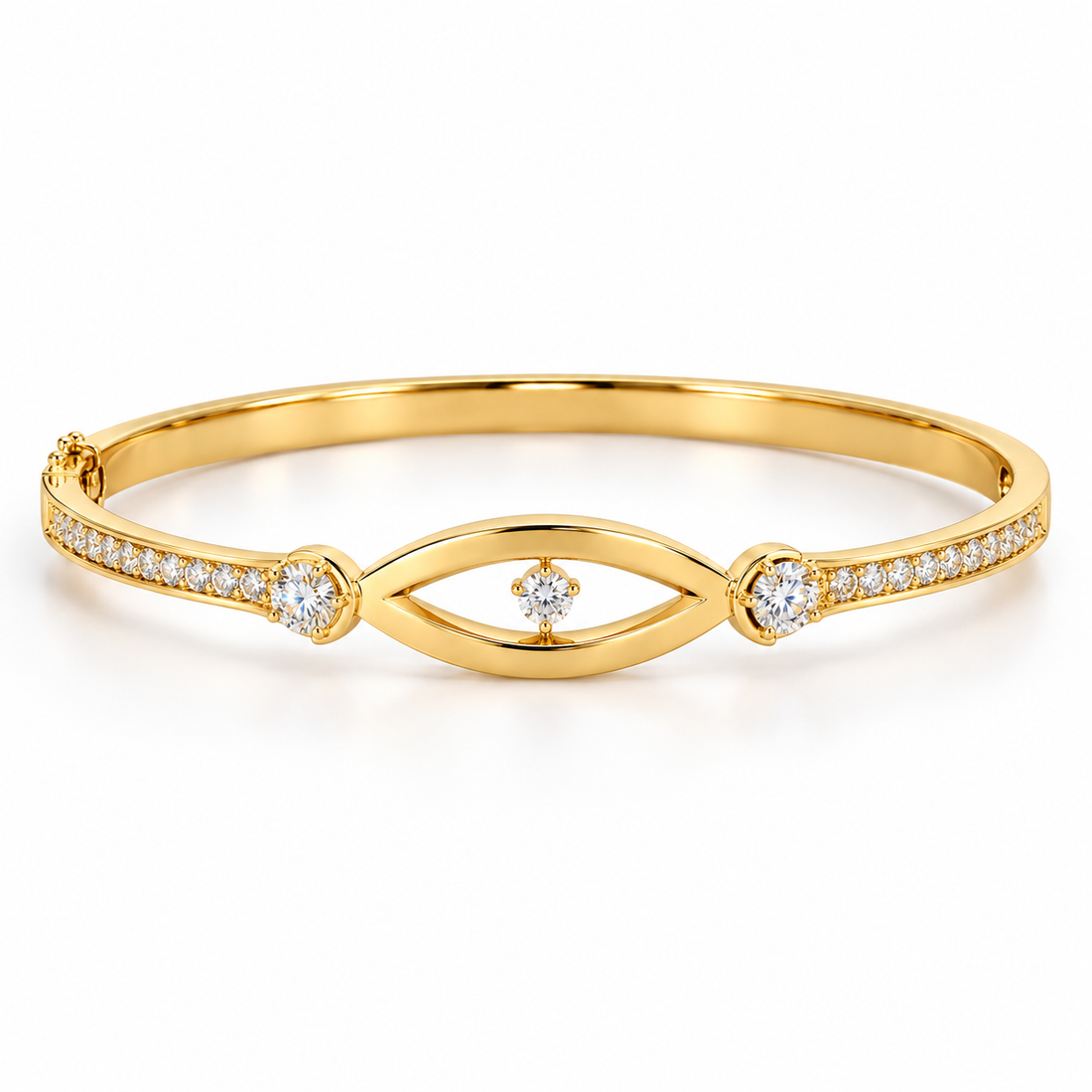 Yellow Gold-Tone Open Eye Motif Clear Stone Bangle Bracelet
