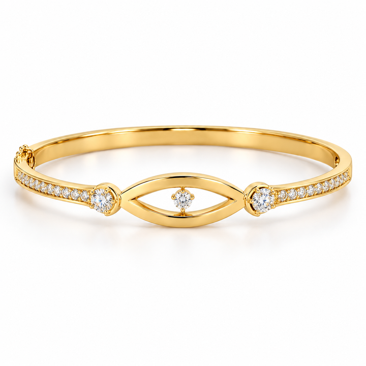 Yellow Gold-Tone Open Eye Motif Clear Stone Bangle Bracelet