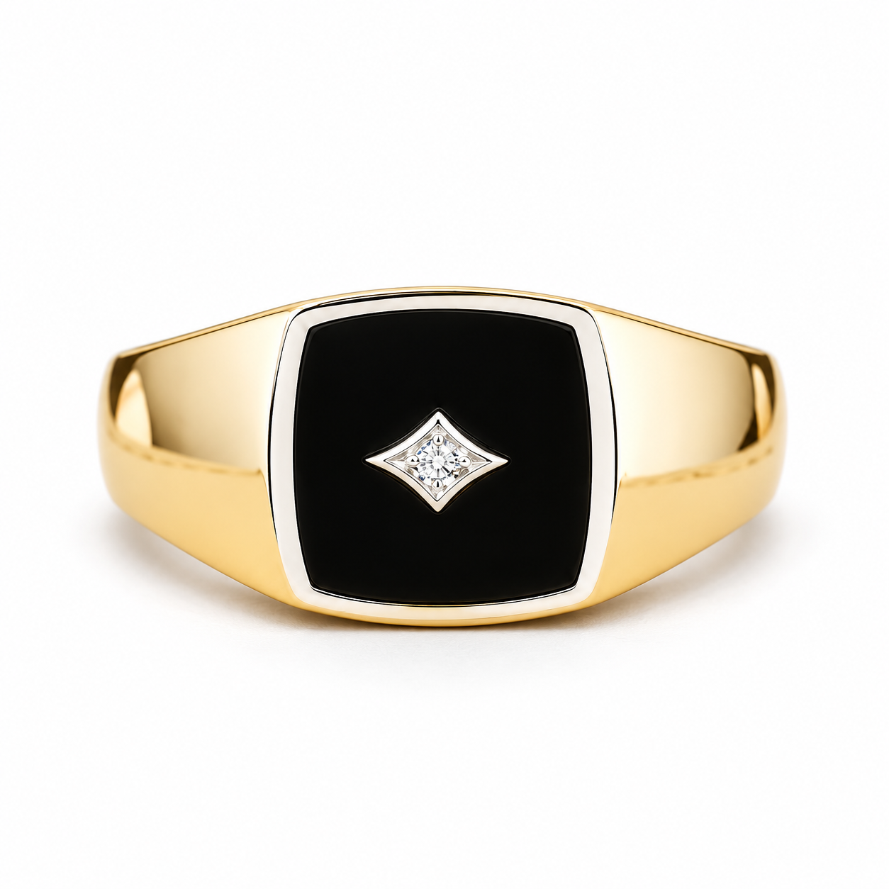 Black Panel Two-Tone Signet Ring with Star Motif Stone Accent