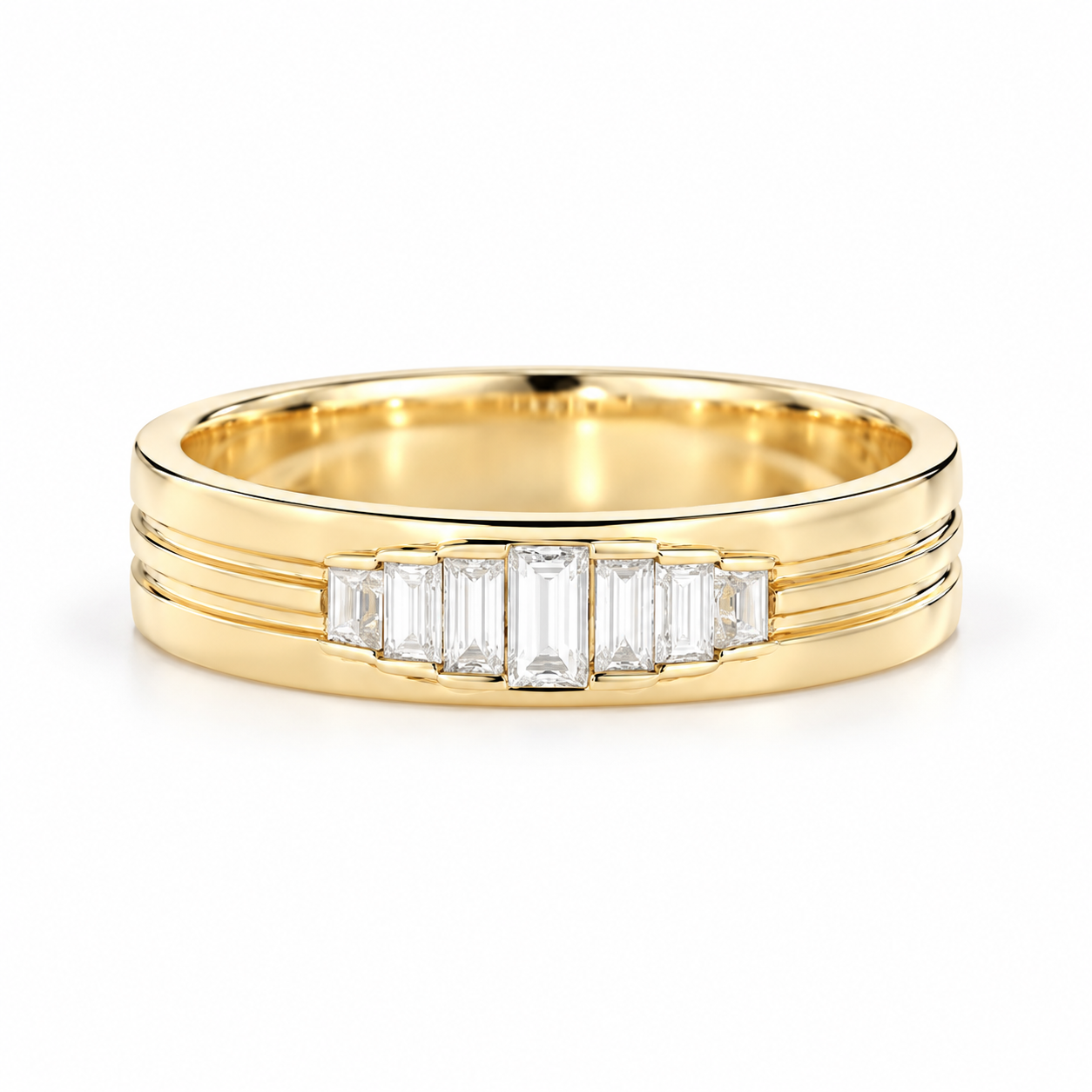Seven Stone Graduated Baguette Yellow Gold-Tone Grooved Band Ring