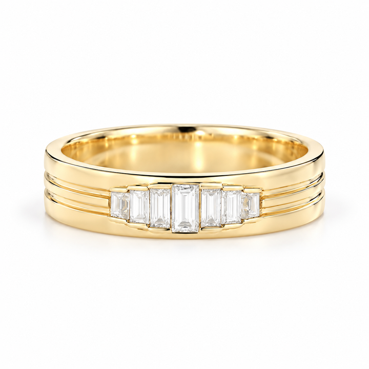 Seven Stone Graduated Baguette Yellow Gold-Tone Grooved Band Ring