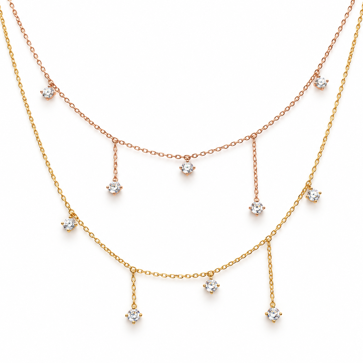 Two Tone Double Layer Round Cut Diamond Drop Gold Necklace