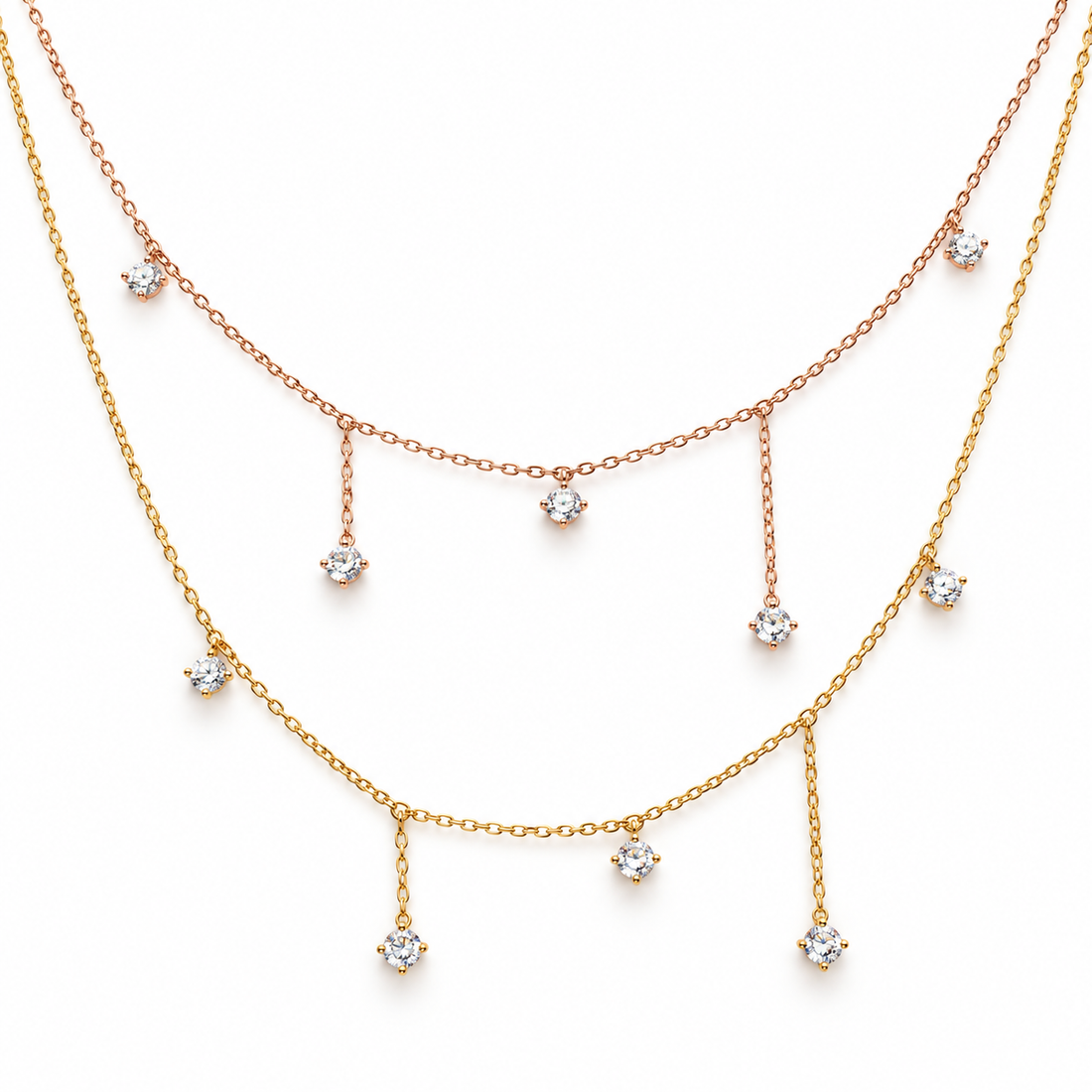 Two Tone Double Layer Round Cut Diamond Drop Gold Necklace