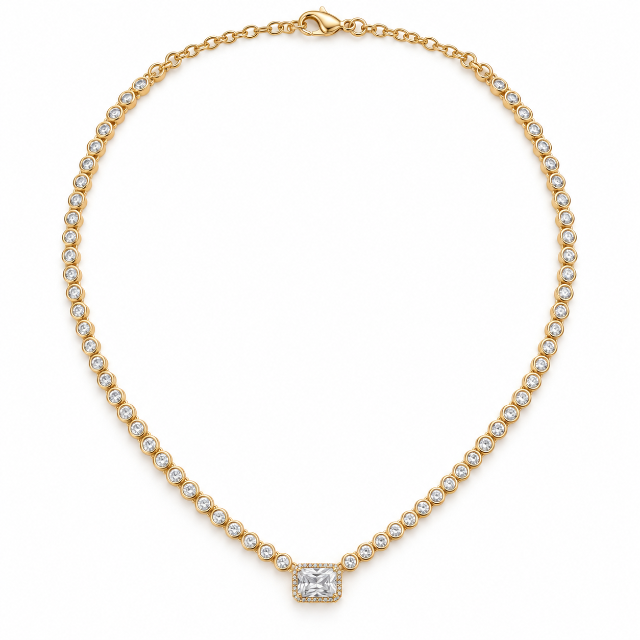 Princess Cut Halo Bezel Set Yellow Gold Tennis Necklace