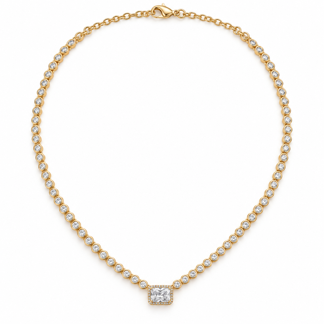 Princess Cut Halo Bezel Set Yellow Gold Tennis Necklace