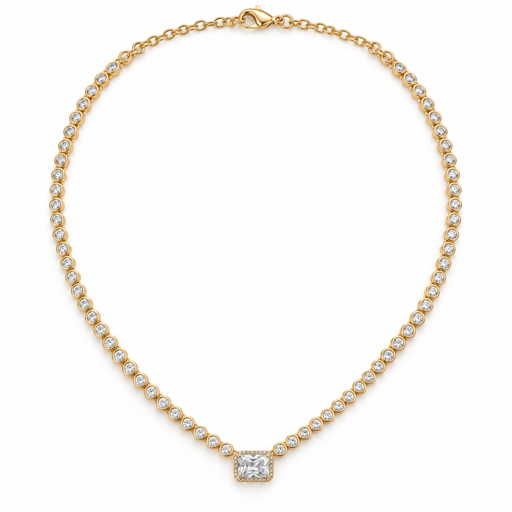 Princess Cut Halo Bezel Set Yellow Gold Tennis Necklace