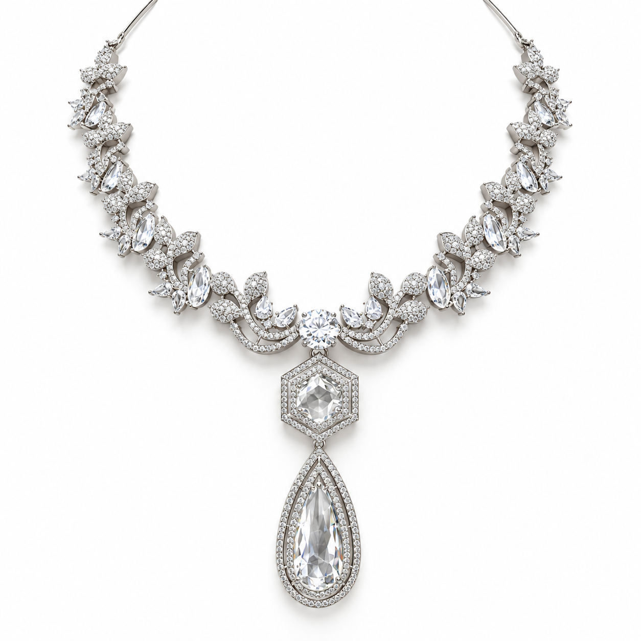 Marquise Floral Hexagon Pear Drop White Gold Statement Necklace