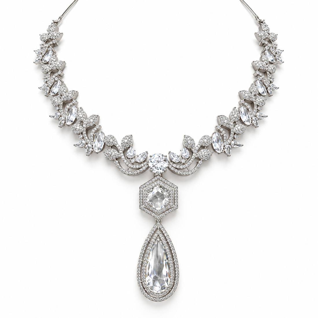 Marquise Floral Hexagon Pear Drop White Gold Statement Necklace