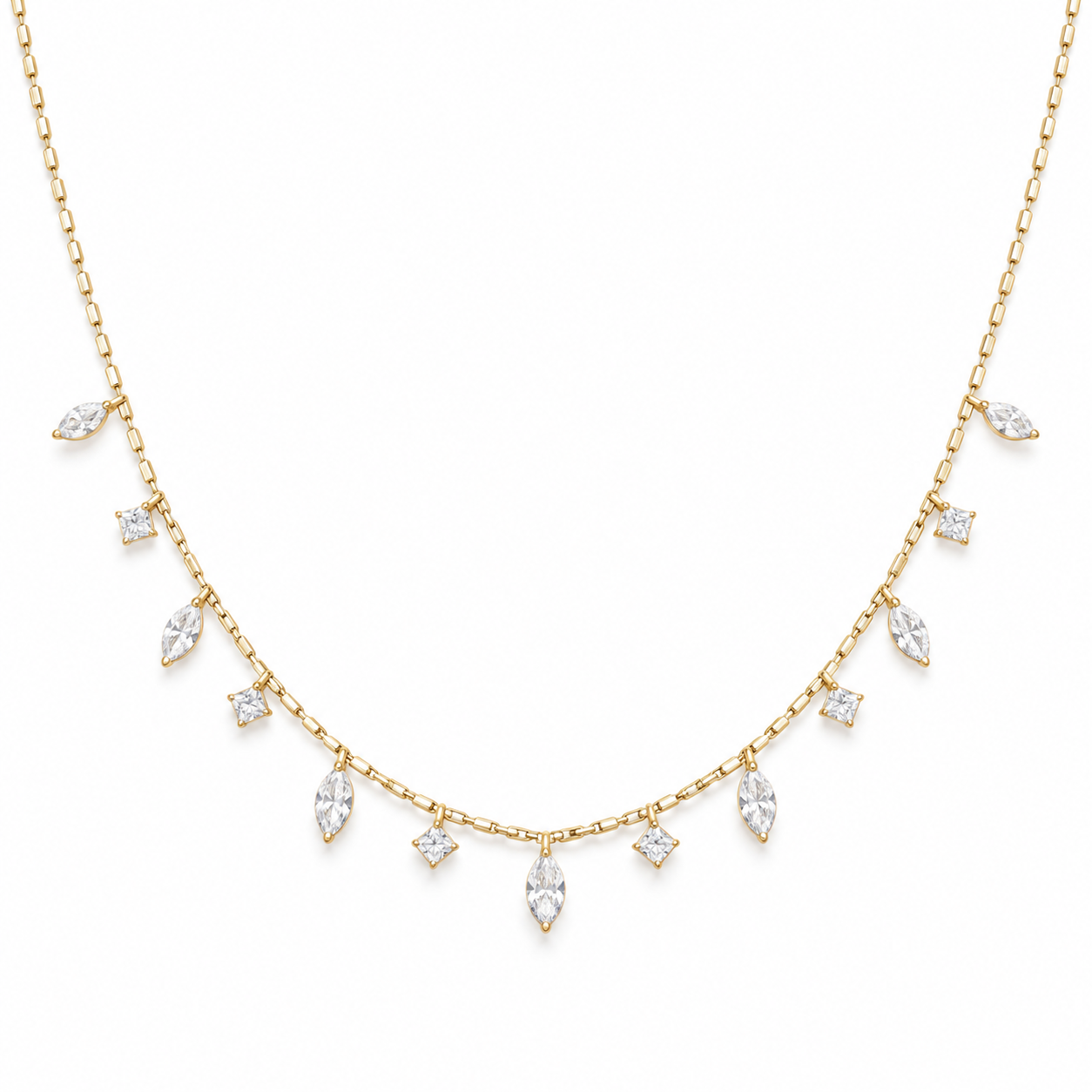 Marquise & Princess Cut Drop Yellow Gold Station Necklace