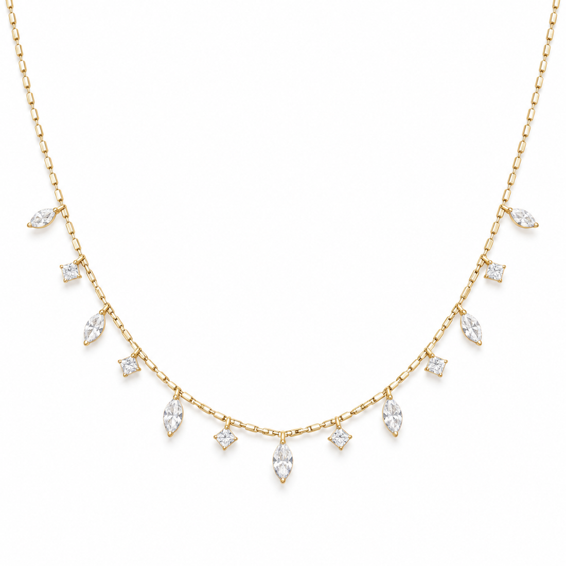Marquise & Princess Cut Drop Yellow Gold Station Necklace
