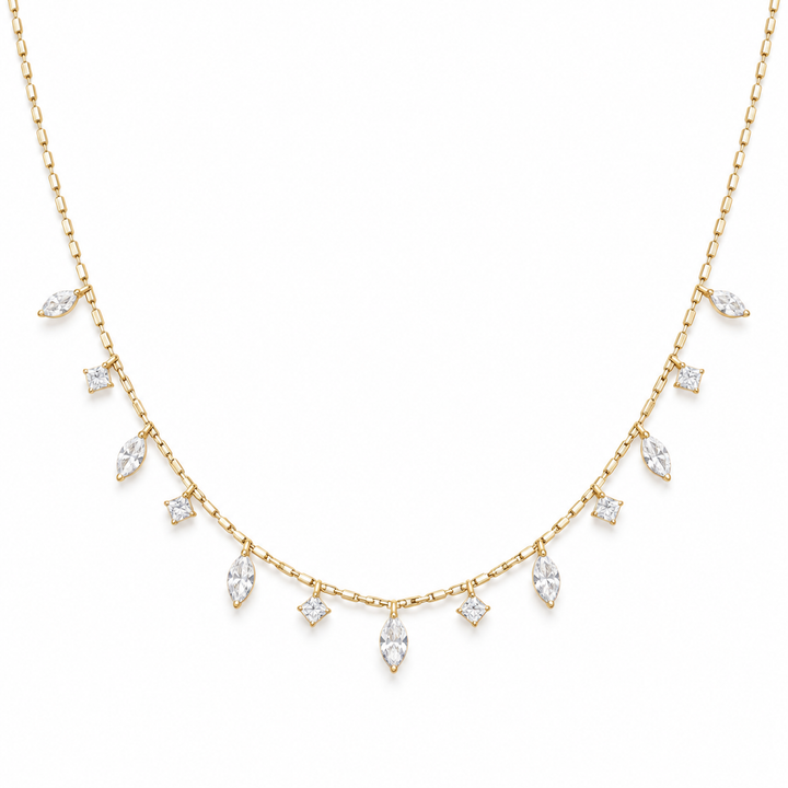 Marquise & Princess Cut Drop Yellow Gold Station Necklace
