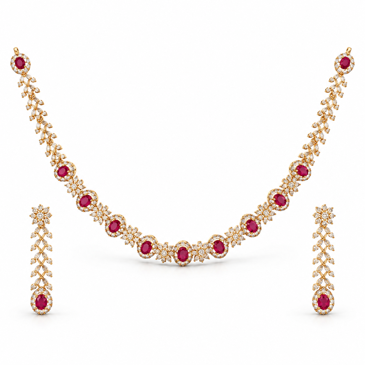 Ruby Pink Oval Cut Halo Yellow Gold Bridal Necklace & Earrings Set