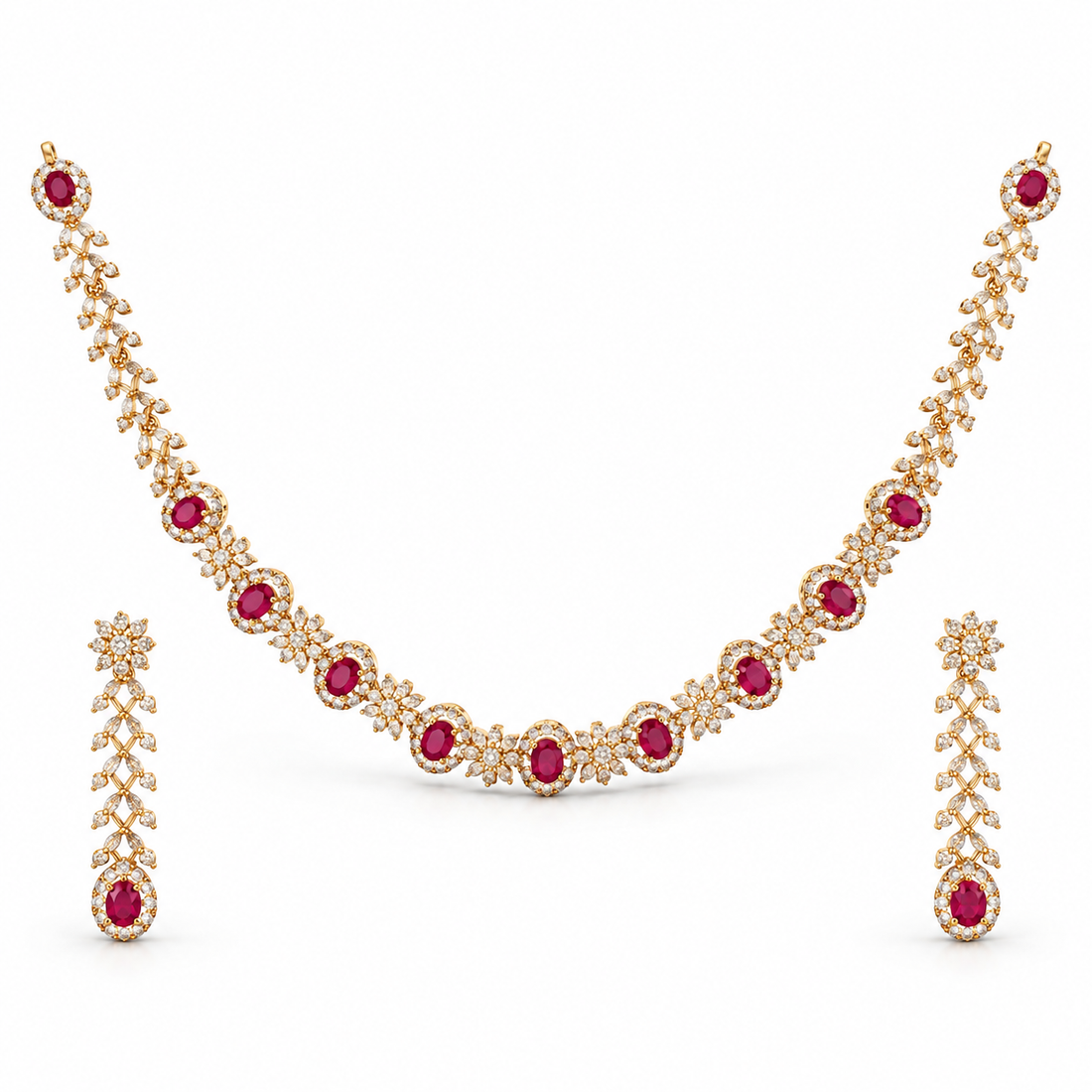 Ruby Pink Oval Cut Halo Yellow Gold Bridal Necklace & Earrings Set