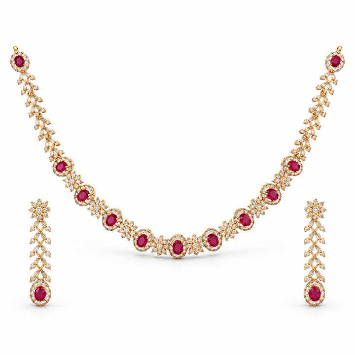 Ruby Pink Oval Cut Halo Yellow Gold Bridal Necklace & Earrings Set