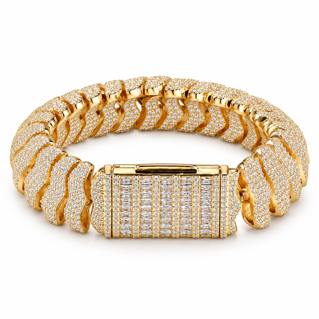 Iced Out Gold Cuban Link Bracelet With Baguette Clasp | Custom Hip Hop Jewelry