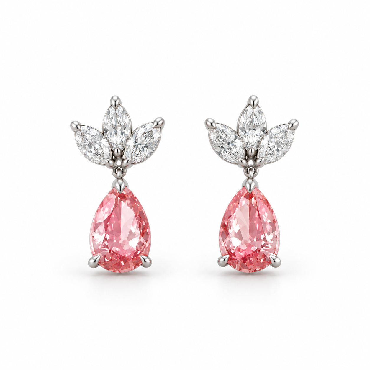 Pink Pear Drop Earrings with Marquise Leaf Cluster