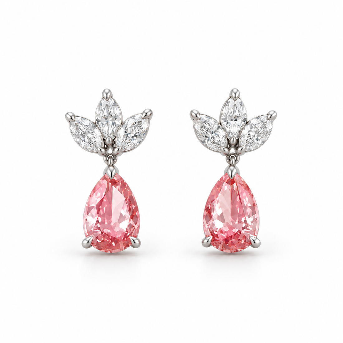 Pink Pear Drop Earrings with Marquise Leaf Cluster