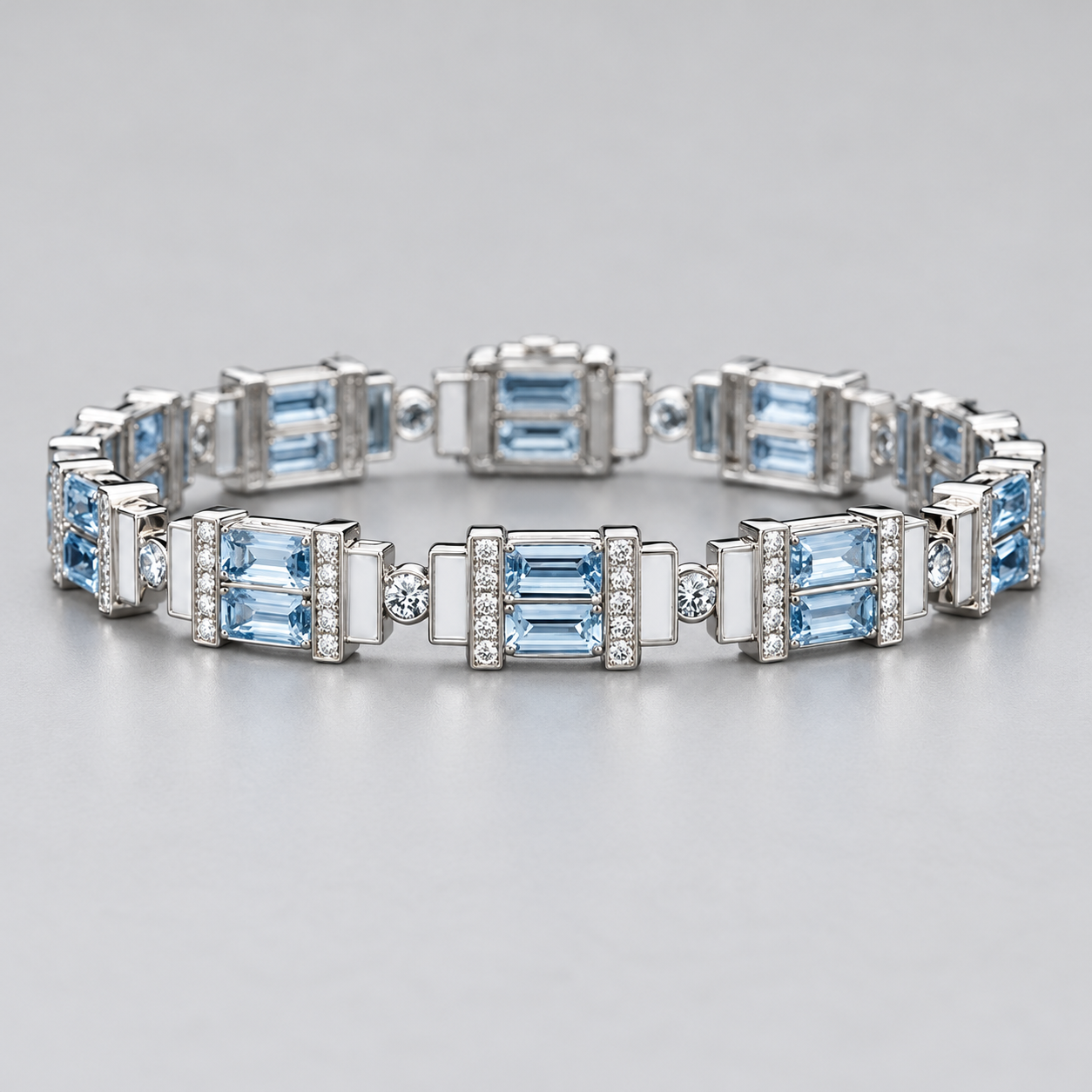 Silver-Tone Light Blue Emerald-Cut Double-Stone Geometric Link Bracelet
