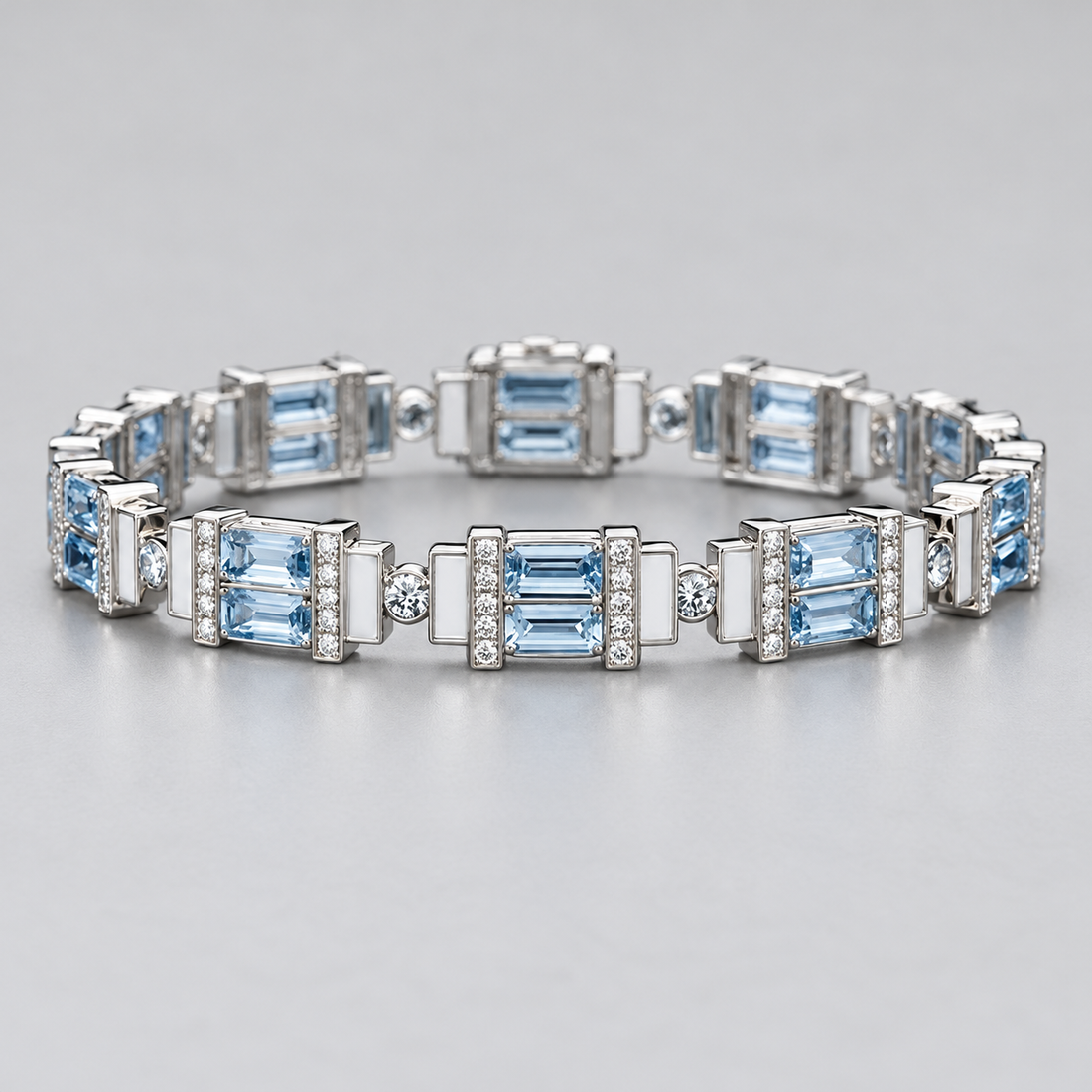 Silver-Tone Light Blue Emerald-Cut Double-Stone Geometric Link Bracelet