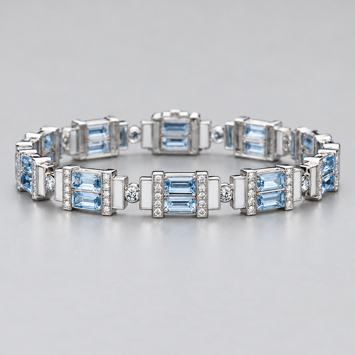 Silver-Tone Light Blue Emerald-Cut Double-Stone Geometric Link Bracelet