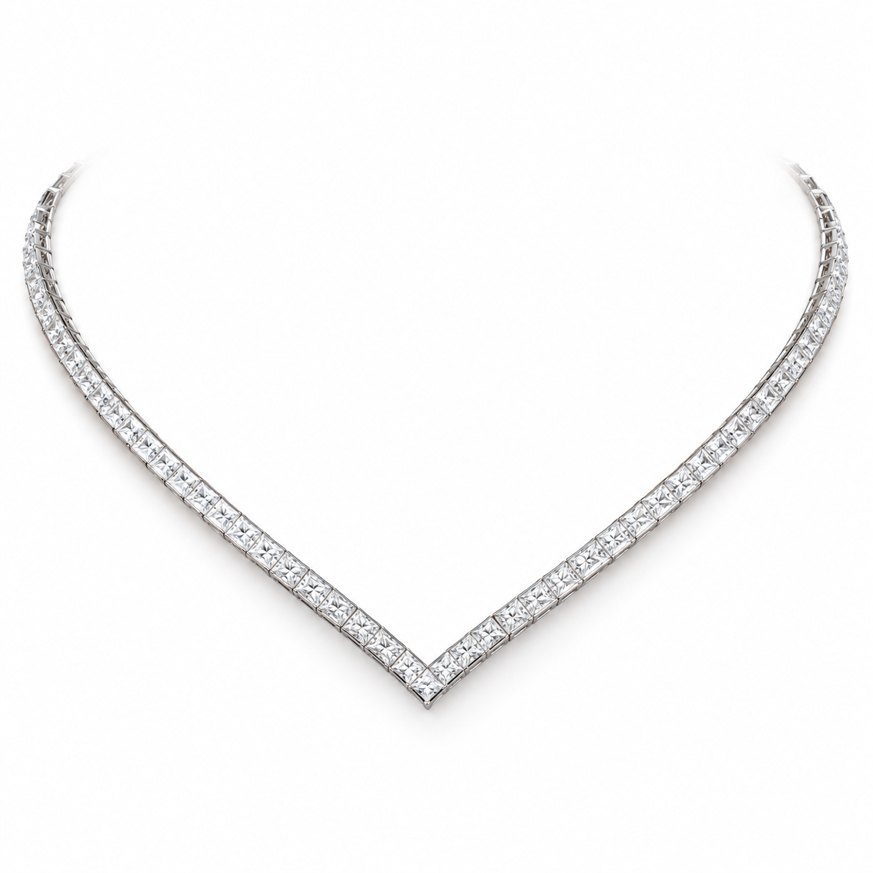 Princess Cut V-Shaped White Gold Tennis Necklace