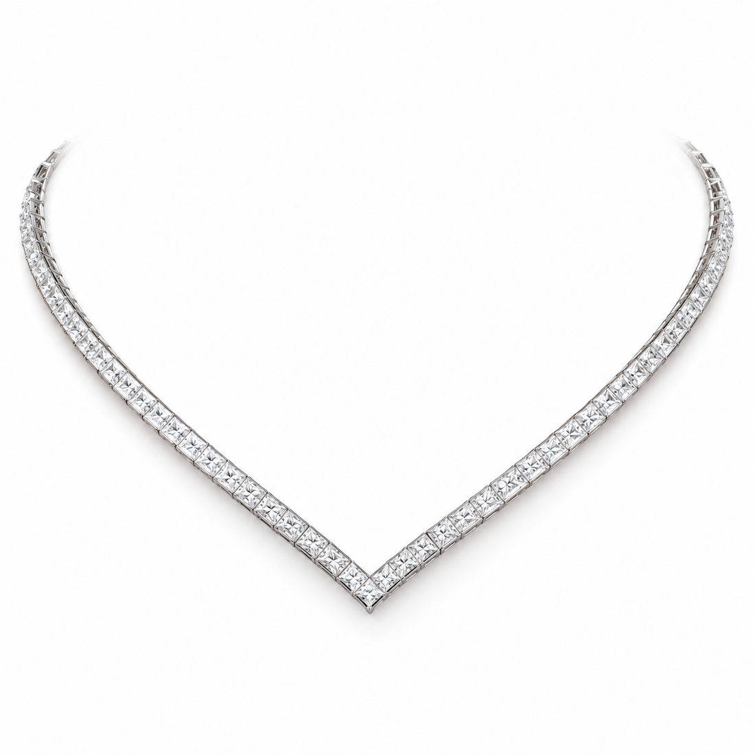 Princess Cut V-Shaped White Gold Tennis Necklace