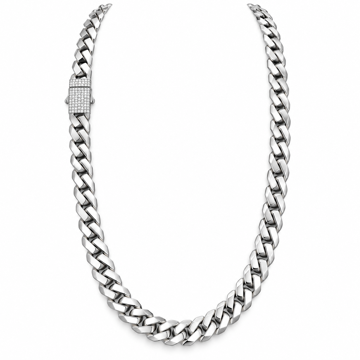 Silver-Tone Cuban Link Necklace with Pavé Clasp