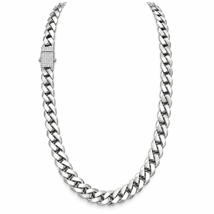 Silver-Tone Cuban Link Necklace with Pavé Clasp