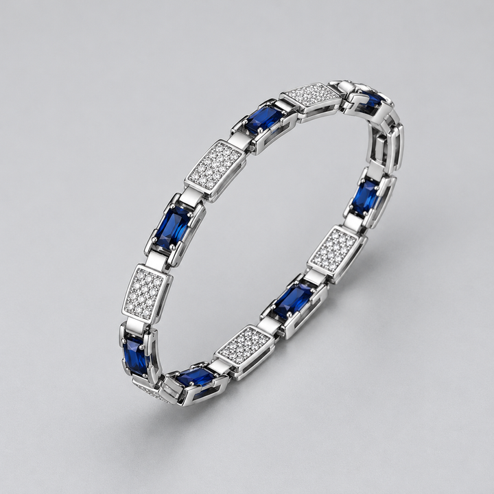 Silver-Tone Blue Rectangular Stone and Pavé Panel Link Bracelet