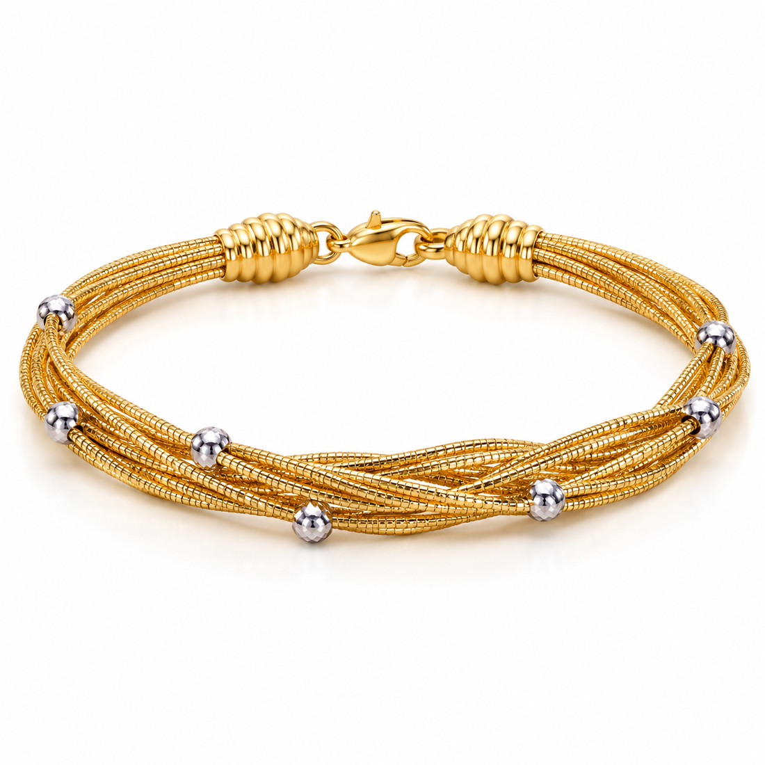 Yellow Gold-Tone Twisted Multi-Strand Bracelet with Silver-Tone Faceted Beads