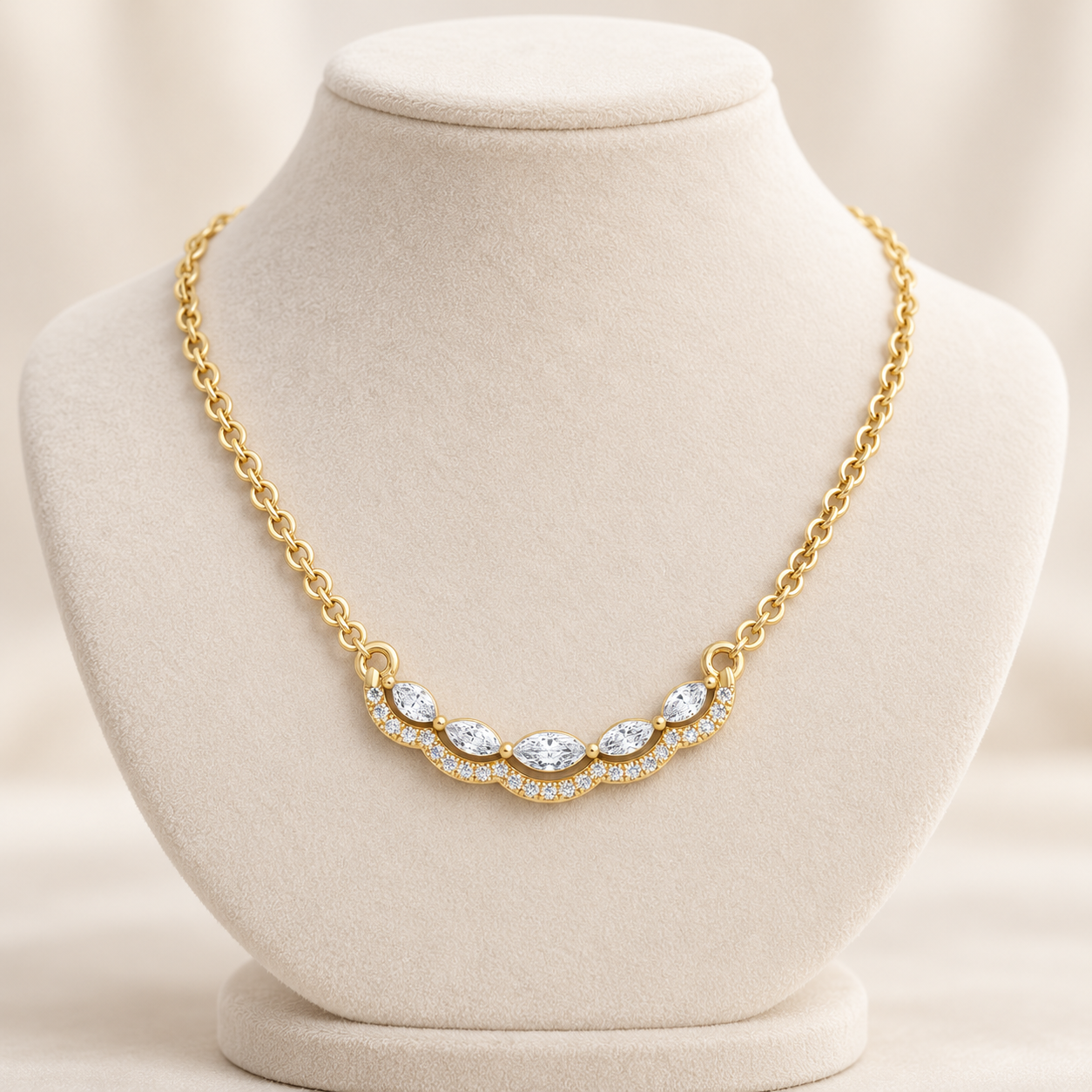 Five Marquise Cut Pavé Scallop Yellow Gold Necklace