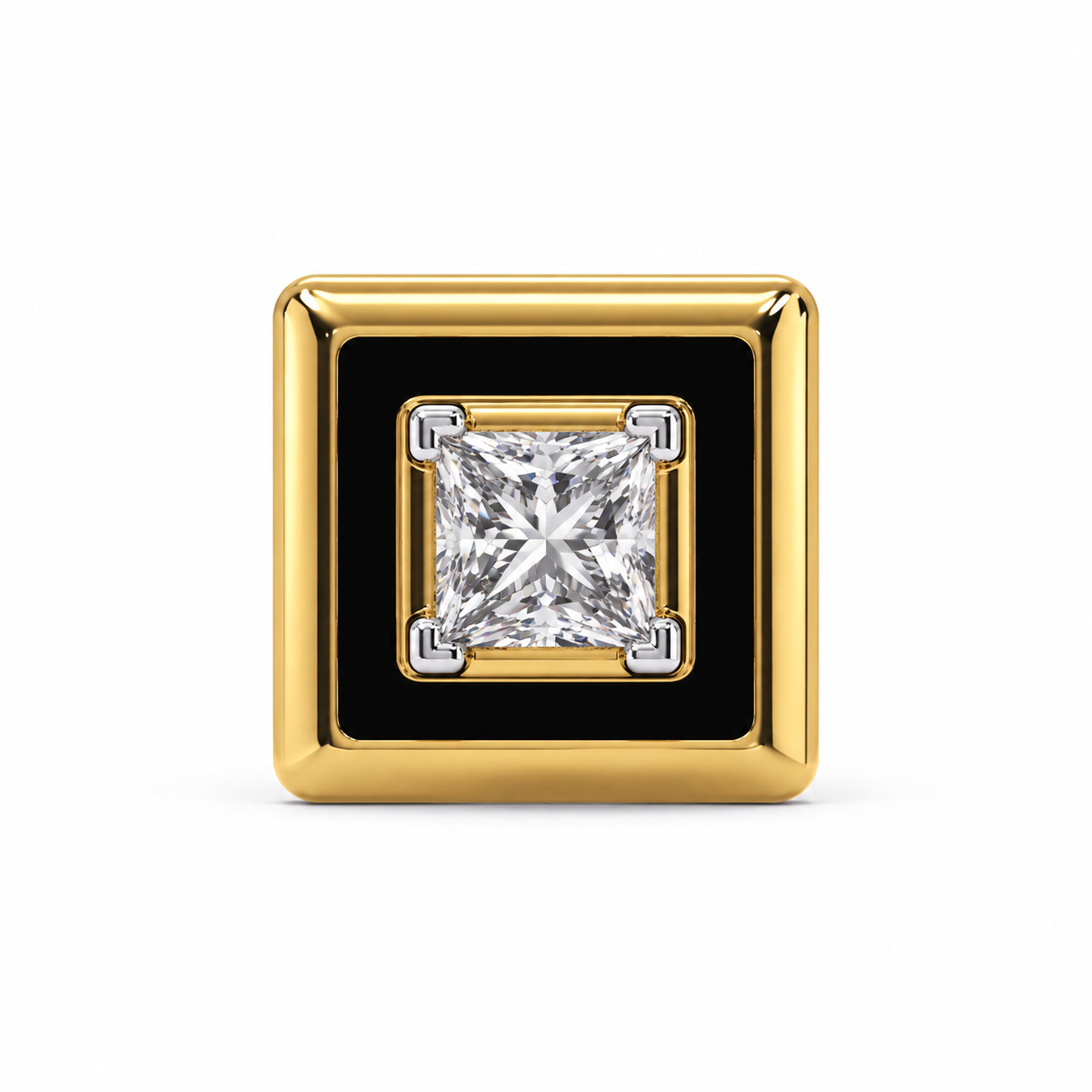 Men’s Black Square Yellow Gold-Tone Stud Earring with Princess Cut Center Stone