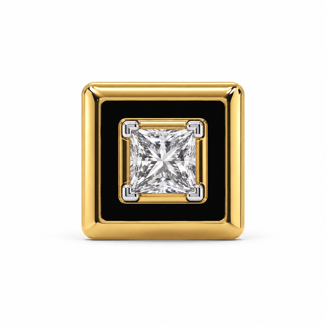 Men’s Black Square Yellow Gold-Tone Stud Earring with Princess Cut Center Stone