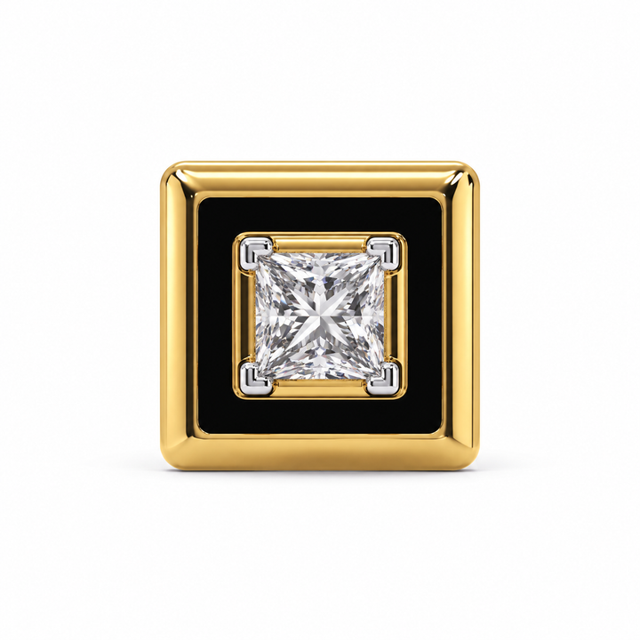 Men’s Black Square Yellow Gold-Tone Stud Earring with Princess Cut Center Stone