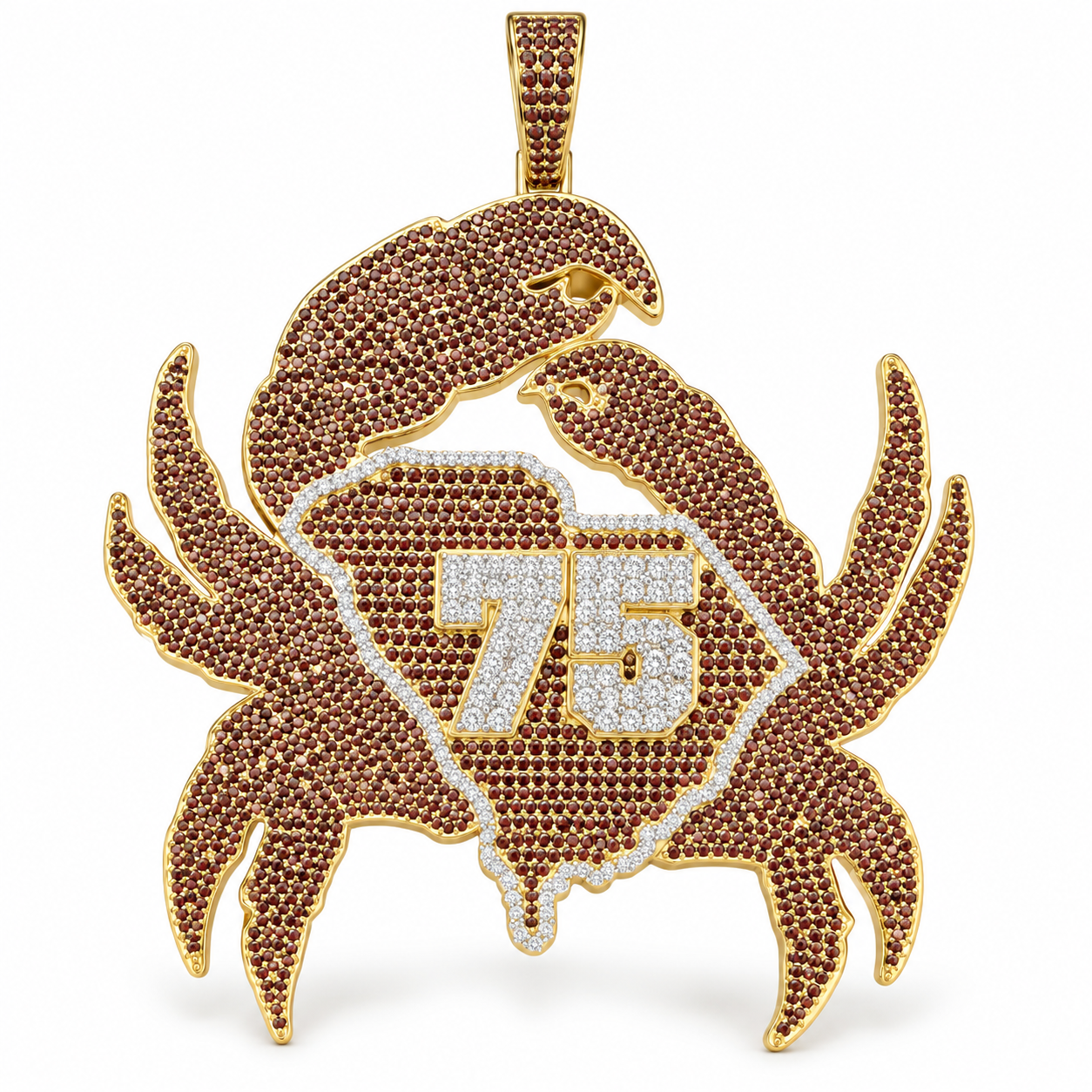 Crab Yellow Gold-Tone Pavé Pendant with Burgundy Stones, South Carolina Outline and 75 Number