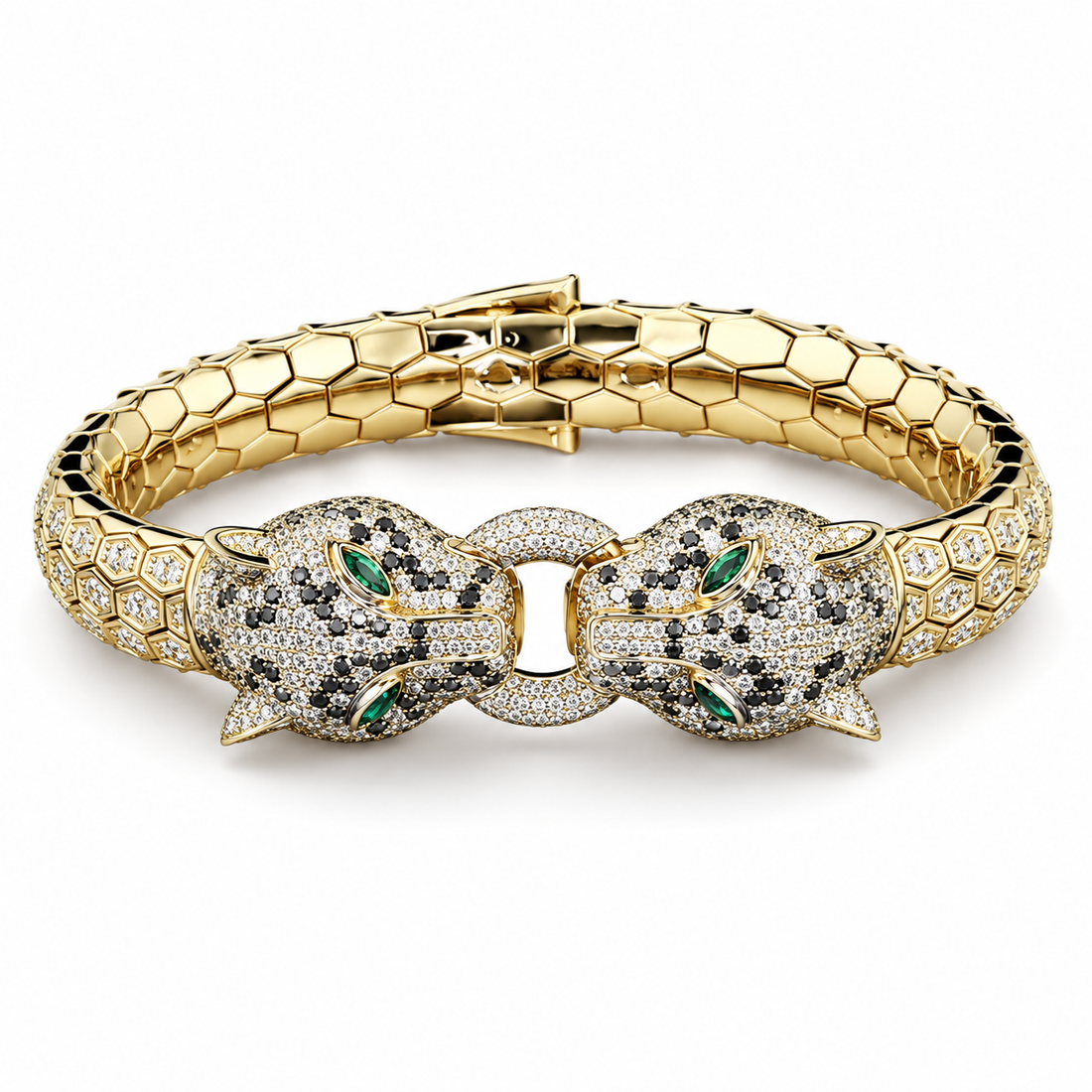 Double Panther Head Yellow Gold-Tone Bracelet with Green Eyes – Custom Iced Out Statement Jewelry