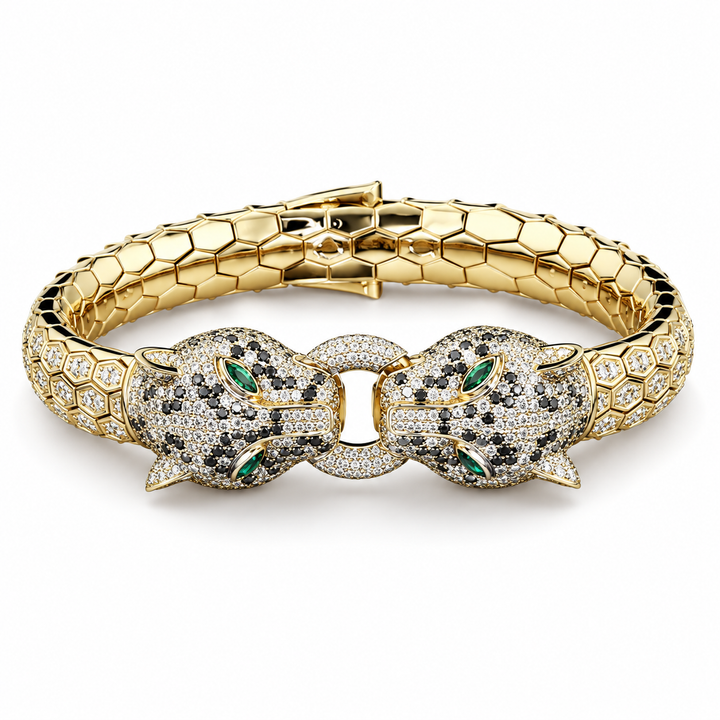 Double Panther Head Yellow Gold-Tone Bracelet with Green Eyes.