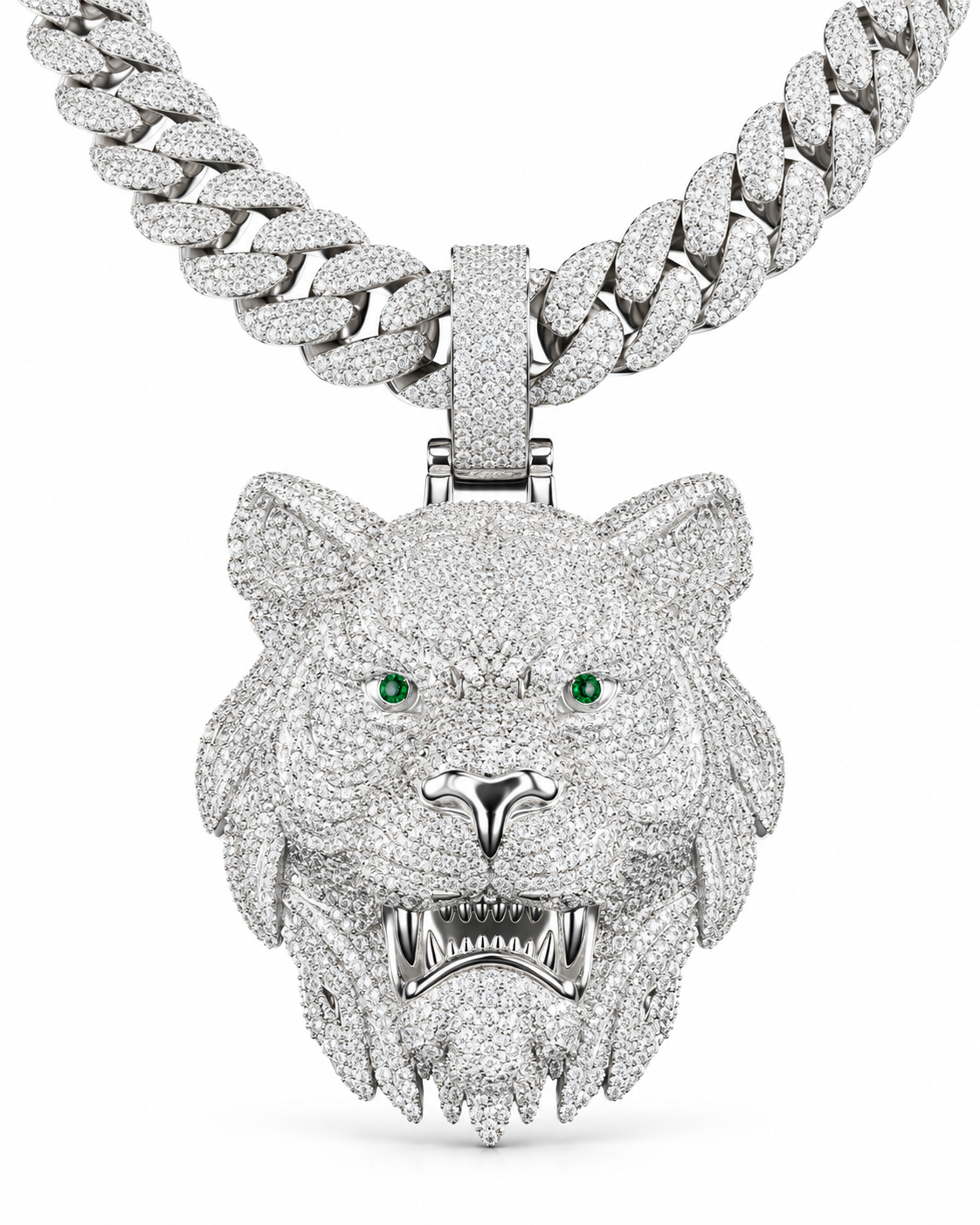 Custom Iced Out Lion Head Pendant with Green Eyes | Made to Order